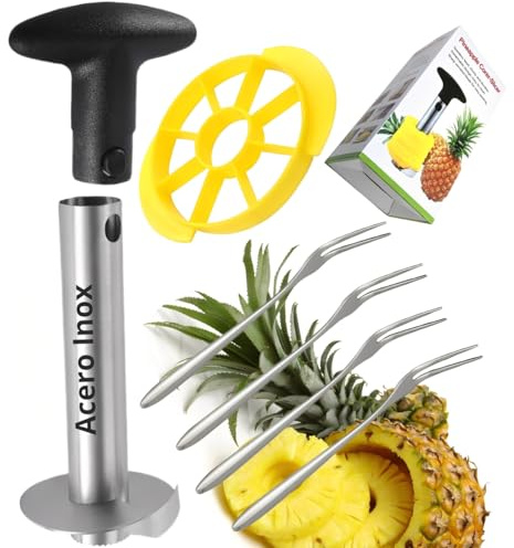 Cortador de Piña Natural de Acero Inoxidable. Descorazonador y Pelador de Piña, Troceador de Piña. Pineapple Slicer, Accesorios: Troceador de Piña y 4 Tenedores Inox (Cotador de Piña Manago Negro)