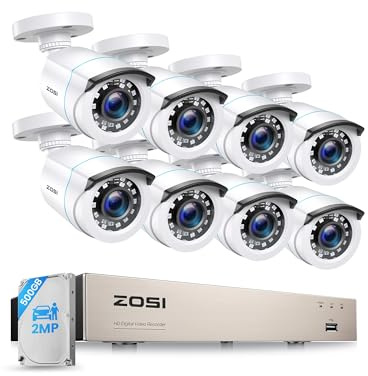 ZOSI 1080P Kit Cámaras de Vigilancia 8 Cámara Seguridad Cableada Interior/Exterior con 8CH 2MP DVR Sistema CCTV 500GB Disco Duro para Hogar y Negocio, Detección y Alarma de Personas, Visión Nocturna