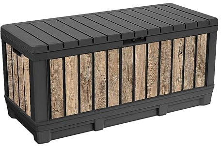 Koll Living Kentwood - Coffre de jardin - 350 l - Aspect bois de pin - Boîte de rangement avec fonction assise pour coussins d'assise, outils de jardin ou jouets pour enfants - Étanche et bien ventilé