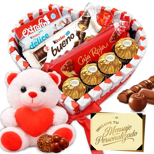 Cuore Sorpresa Regalo con Peluche e Oltre 40 Cioccolatini e Praline – Ferrero Rocher, Lindor, Caja Roja, Kinder – Biglietto Personalizzato