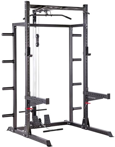 GYM MASTER GM2 Half Power Rack Squat Cage with Optional Cable Pulley System, Weight Storage and Spotters - GM2 Half Rack + Cable Pulley System + Storage + Spotters