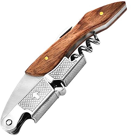 Ejoyous Apribottiglie Multifunzione in Acciaio Inossidabile Apribottiglie con Manico in Legno 12,2 X 3,2 Cm Portatile Rimozione Tappo a 5 Giri Coltello Integrato per Bar Picnic Viaggi