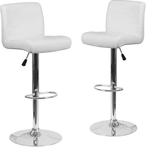 Flash Furniture Marietta Barhocker aus Vinyl, höhenverstellbar, mit gerolltem Sitz und Chrom-Boden, Weiß, 2 Stück