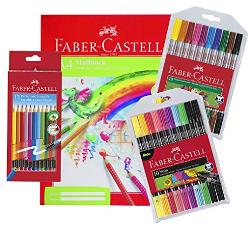 Faber-Castell Radierbare Buntstifte mit Gummitip, 12er Kartonetui (+ Doppelfasermaler im 10er Etui Standard + 10er Etui Neon + Malblock A4)