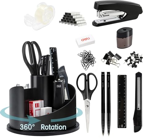 deli Office Supplies Set, 1045 Pcs-Desk Accessory Organizer Kit, Stapler Set, Rotating Multi-Functional Pen Holder, Tape Dispenser, Pens, Binder Clips, Sharpener, Scissor, Eraser, Black