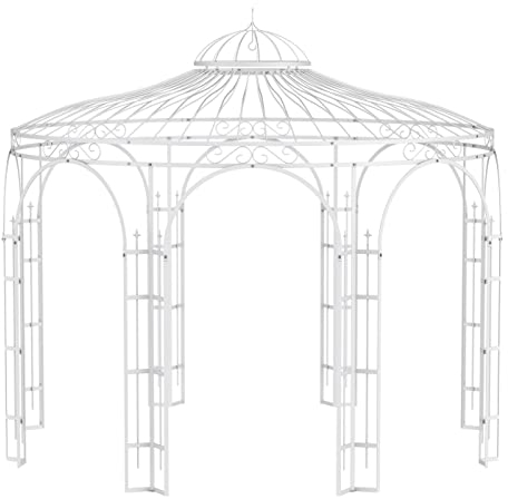 ELEO Pavillon Florenz weiß - rund 4x4 m Rankpavillon für den Garten handgeschmiedet Schmiedeeisen romantisch - Rosenpavillon Metall stabil rostfrei pulverbeschichtet Weiss - für draußen Winterfest