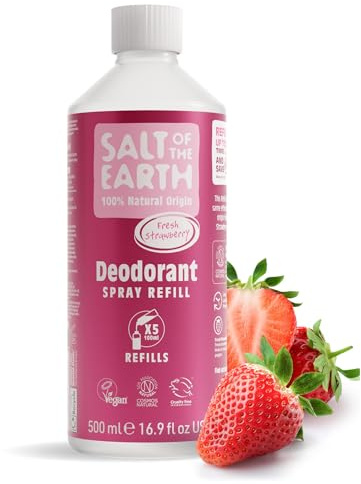 Salt of the Earth – Påfyllning till naturlig deodorantspray | Fräsch jordgubb 500ml påse – 5 påfyllningar för sprayflaska, långvarigt skydd och vegansk formula, 100% naturligt ursprung