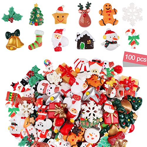 100 Pezzi Ornamenti natalizi in miniatura, Kalolary Resina Flatback Natalizi Miniatura Babbo Natale Pupazzo Neve Albero Campana Resina Charms per Cassa Telefono Famiglia Natale Artigianato Fai Da Te