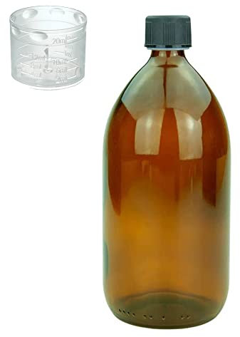 Devitre braune Glasflasche 1000 ml mit Deckel Messbecher und Beschriftungsetikett
