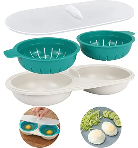 Cuocitore d’Uova per Microonde, Doppio Contenitore Antiaderente in Plastica Alimentare, Design Portatile con Coperchio – Ideale per Cottura a Vapore Rapida e Senza Grassi, Colore Blu
