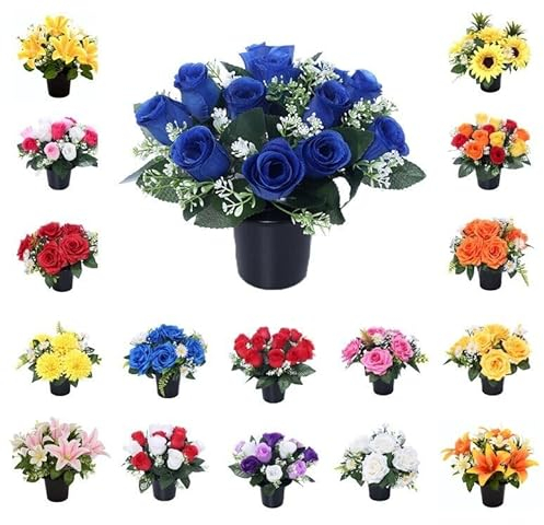 Mr. Barry’s Rose Artificial Flowers in Grave Flower Pots – UV-Resistant, Realistic, Long-Lasting Design for Cemetery, Grave Displays, Memorial Tributes, Home & Garden Floral Arrangements (Blue)