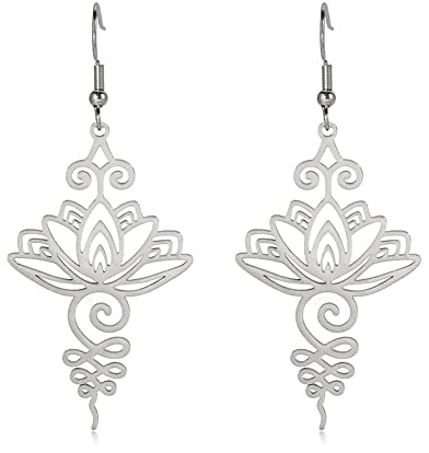 Dreamtimes Fleur de lotus Boucles d'oreilles pendantes pour femmes Yoga Guérison Charms Symbole Amulette Bijoux en acier inoxydable Fleur de lotus Boucles d'oreilles Bouddha Boucles d'oreilles