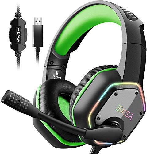 EKSA Gaming Headset, PC Headset mit Mikrofon 7.1 Surround Sound & RGB Lichter, Kopfhörer mit Kabel Rauschunterdrückung Mikrofon, USB Headset für PS4/PS5 Console Laptop