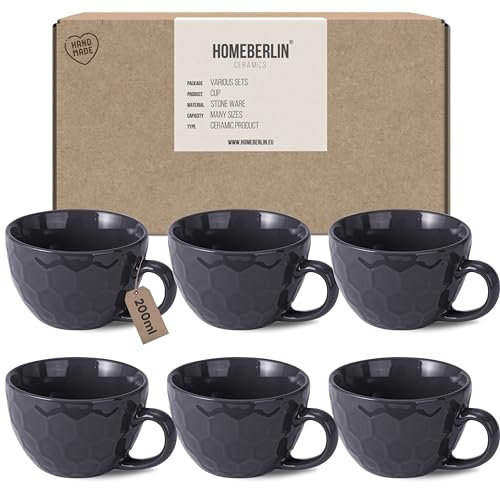 HOMEBERLIN Barista Juego de 6 tazas de café de capuchino de 200 ml, juego de tazas de café de alta calidad, 6 tazas de café modernas 100% hechas a mano, de pared gruesa