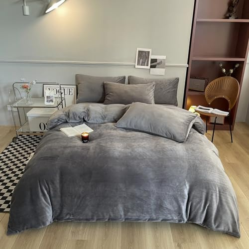 ZIQINPSQ Velvet Duvet Cover Set,Solid Flannel Comforter Cover 3Pcs Ultra Soft Fuzzy Cover with Zipper Closure Corner Tie. (Dark Gray, Double)
