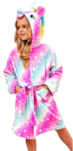 Ceruwum Peignoir Licorne pour Filles Robes de Chambre en Molleton Doux avec Capuche (Rose/Violet/Bleu, 8-9 ans)