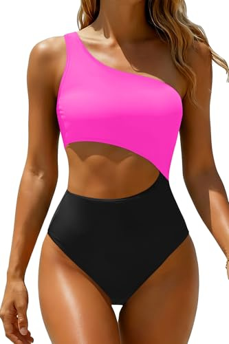 Women's One Piece Swimsuit- One Shoulder Bathing Suit Cutout Tummy Control Swimwear, Hot Pink, Medium