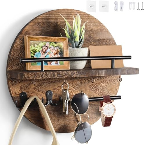 Dxiunove Wall Mounted Key Holder with Hooks,Round Key Organizer for Entryway, Rustic Wooden Key Hooks Wall Décor, Space-Saving Key Holder Shelf for Home Office, Keys Holder & Mail Station (Brown)