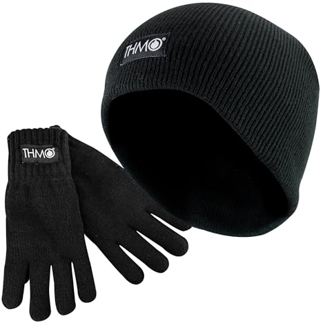 THMO Kids Thinsulate Hat & Gloves Set Knitted Thinsulate Fleece Winter Gloves & Hat Set for Childrens (M, Black)