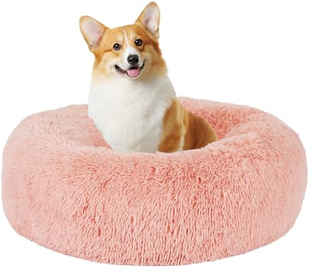 HMTOPE Ortopedisk hundsäng, rund hundkudde, hundsoffa, kattsäng, munk, mysig hundkorg, tvättbar, 70 cm Ø, rosa