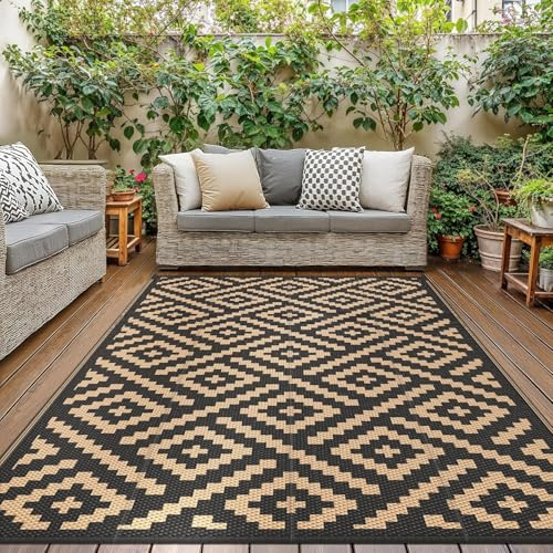 GENIMO Tappeto da Esterno, Impermeabili Eeversibili Lavabili Plastica,Tappeto Per Esterno per Terrazze,Giardinoin,Camper,Picnic,Balcone,Nero-Marrone,150x240cm