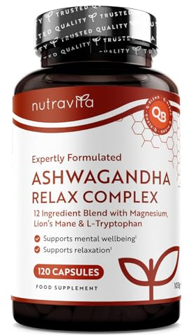 Nutravita Ashwagandha KSM-66 7200mg Before Extraction, Relax Complex with Magnesium, Lion's Mane L-Tryptopha, Supports Relaxation, Mental Wellbeing & Reduction in Fatigue - 120 Capsules