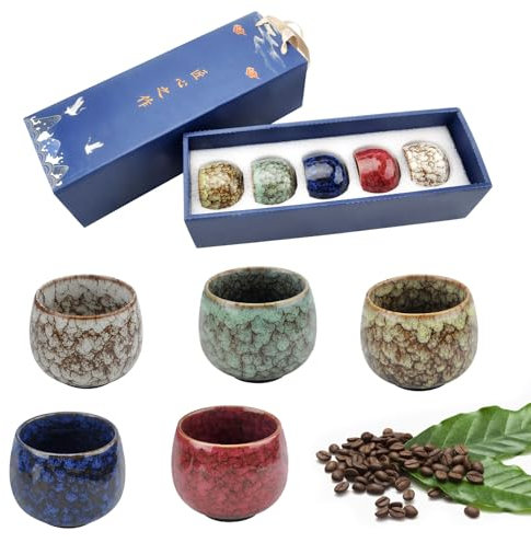 DAWRIS Juego de tazas de té de cerámica china, 5 unidades, 130 ml, juego de té tradicional gong fu, japonés, sin asa, taza de té pequeña para mate, té, café, vino y bebidas