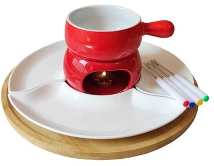 KANLVU 300 Ml Keramik Chokladfondue Set Med Roterande Bambubricka, 4 Gafflar, 2 Värmeljus Ostfondue-Set För Dessert Tapas Choklad-Fondue-Set(Red)