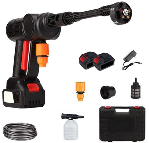 Limpiador de Alta Presión Portátil con 2 Baterías y Boquilla Multifuncional 6 en 1, 21 V para Coche, Jardín (Negro)