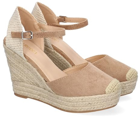 shoes&blues.es 91843 Sandalia de Cuna de Yute para Mujer, Comodas y Elegantes, Diseno Moderno con Punta Bordada y Cierre de Hebilla, Ideales para Primavera-Verano. Taupe Talla 38