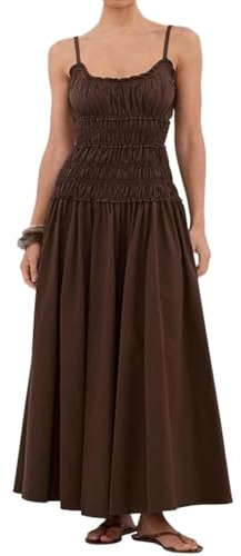 GRMLRPT Maxi abito da donna senza maniche con spalline sottili e punto smock, abito estivo a balze a balze fluente spiaggia vacanza prendisole, Caffè, M