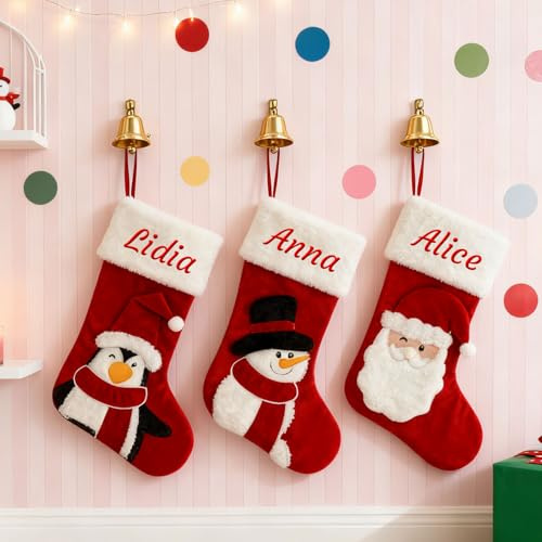 Calza Natalizia Personalizzata Con Nome Ricamato, Calza Della Befana Velluto Rosso Con Motivi Di Babbo Natale & Pupazzo Di Neve & Pinguino, Decorazioni Natale Grande 44cm per Famiglia (1 Pezzo)