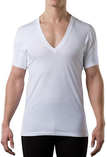 Men's Sweatproof Undershirt - Cotton Deep V Neck T-Shirt with Underarm Sweat Pads - Original Fit - Aluminum-Free Alternative - White - Large