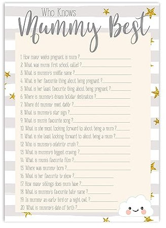The Little Party Company Baby Shower Game - Who Knows Mummy Best - 10 Sheets Cloud Design (BSCWKMB)