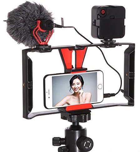 FocusFoto - Soporte de cámara de vídeo para Smartphones, con asa estabilizadora y micrófono de Escopeta BOYA by-MM1 + Kit de luz LED 49 para teléfono móvil, iPhone, filmación, videocámara Profesional