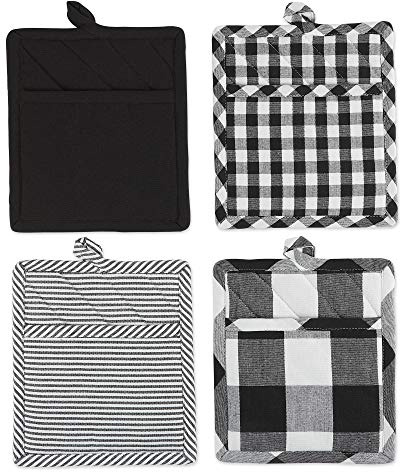 DII Gingham Check Kitchen Collection, Black, Potholder Set
