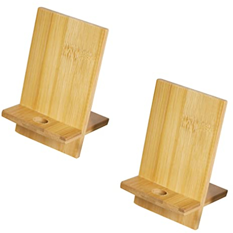 VILLCASE 2 Stück Bambus Handy Ständer, Universal Tablet Halterung mit Loch, Smartphone Ständer, Desktop Smartphone Halter FüR Zuhause und Büro, Kompakt und Umweltfreundlich