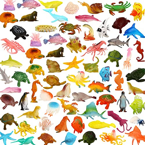 YeoNational&Toys 78-teiliges Mini Meereslebewesen Spielzeug Set, Ozean Meerestiere, Plastik Unterwasser Meerestiere Lernspielzeug für Jungen Mädchen Kinder Kleinkinder Party Tasche Stuffers