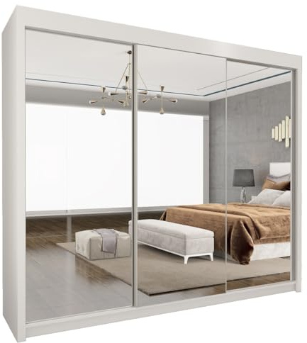 UK SLIDING 2&3 Sliding Door Wardrobe - Modern Wardrobe with Full-Length Mirror, Hanging Rail & Adjustable Shelves | Matt Finish Bedroom Wardrobes with Strong Mdf Construction (White, 250cm)