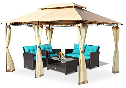 GYMAX 3 x 4 m Pabellón Doble Techo, Pabellón de Jardín Resistente a la Intemperie, Carpa de Fiesta con Paredes Laterales Desmontables, con Estructura de Hierro, para Fiesta Camping (Marrón)