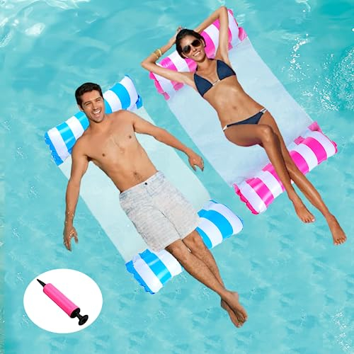 Trrrioosy Pool Floats 2 Stück Aufblasbare Wasserhängematte Schwimmbett 4-in-1 Wasser Hängematte für Erwachsene Faltbars Pool Schwimmstuhl Wasser Lounge Party Spielzeug mit Luftpumpe
