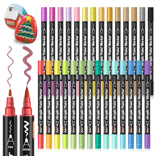 Acrylfarben-Marker mit Doppelspitze, Pinselspitze und feiner Spitze, Acrylmalstifte für Steinmalerei, Keramik, Holz, Leinwand, Kunststoff, Glas, Stein, Kalligraphie, Kartenherstellung, DIY Handwerk