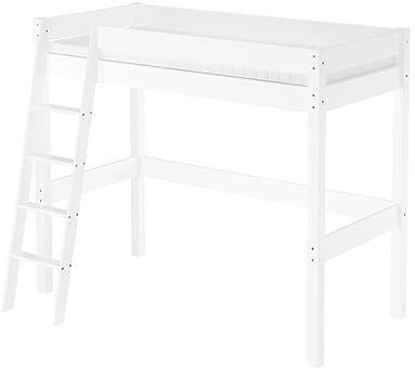 Erst-Holz®Hochbett für Kinder 90x200 Kinderbett Stockbett Kiefer weiß massiv V-60.20W-09-20WZRollrost und Matratze inkl.