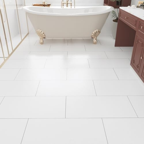 STICKEEP 15 PCS White Peel and Stick Floor Tile Waterproof 12x24 Sheet Vinyl Flooring Peel Stick Bathroom Floor Tile Stickers Linoleum Flooring Self Adhesive Vinyl Flooring Tiles for Kitchen Bedroom