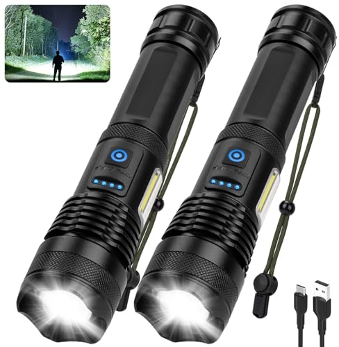 ZEUSFIRE 2 Stück Taschenlampe Led 10000 Lumen Extrem Hell USB Aufladbar Taktische Taschenlampen, IPX7 Wasserdicht 7 Lichtmodi Handlampe Zoombar für Camping Wandern Notfälle