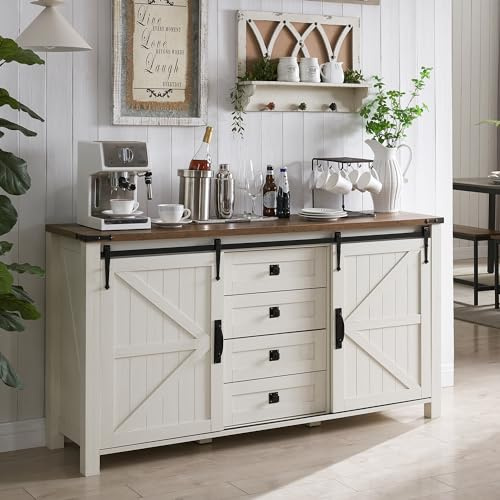 T4TREAM Farmhouse Sideboard Buffet Cabinet with Storage, 60 Large Kitchen Cabinet w/Sliding Barn Doors and 4 Drawers, 31.2'' Tall Wood Coffee Bar Table for Dining Room, Antique White
