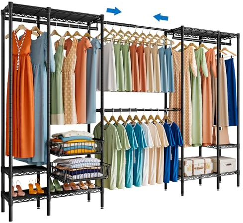 KZOBYD Extendable Clothes Rails with Pull-out Baskets, Length 98-115 inch