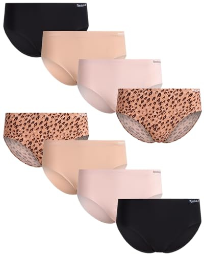 Reebok Women's Hipster Briefs - 8 Pack Stretch Performance Breathable Hipster Panties - Seamless Underwear for Women (S-XL), Size Large, Leopard/Rose Dust/Lotus/Black