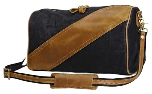 VZVABAG Echtleder Canvas Reisetasche Wasserdicht Vintage Weekender Duffel Bag Damen Herren (Black)