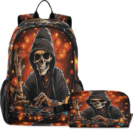 LINNIKEEEE Teschio Musicale Natalizio Dj Set Zaino per Studenti Borsa per Il Pranzo,Borsa Scuola Leggera Resistente per Ragazzi Ragazze